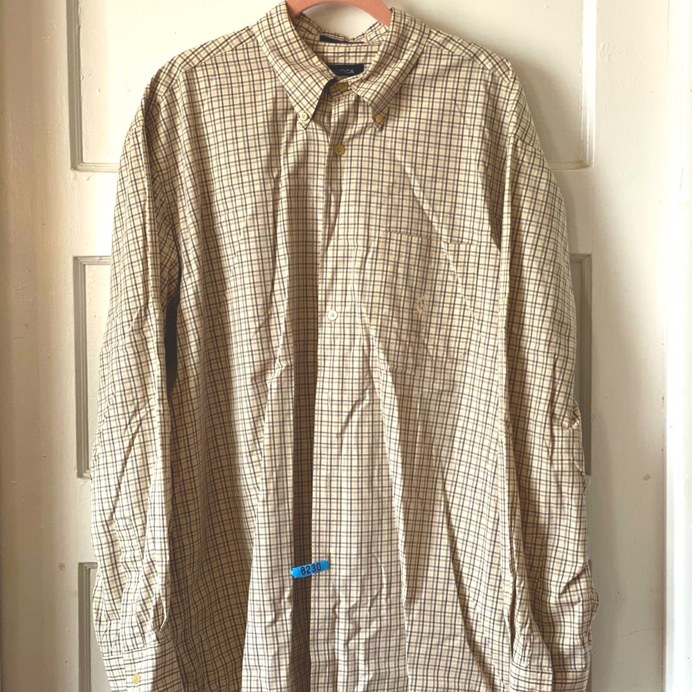Nautica Button Up Down Shirt Plaid Yellow Size Large Long Sleeve Cotton